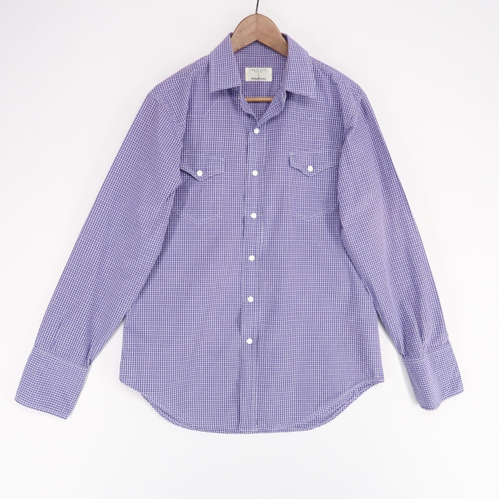 Rag and‎ Bone Shirt Mens L Purple Check Western Snap Button Long Sleeve Cotton